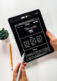 person holding black ipad with green plant
